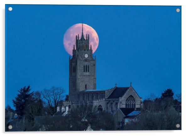 Moonset behind St Andrew's Church, Sutton-in-the-Isle, Cambridge Acrylic by Andrew Sharpe