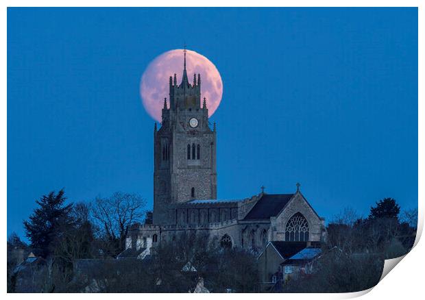 Moonset behind St Andrew's Church, Sutton-in-the-Isle, Cambridge Print by Andrew Sharpe