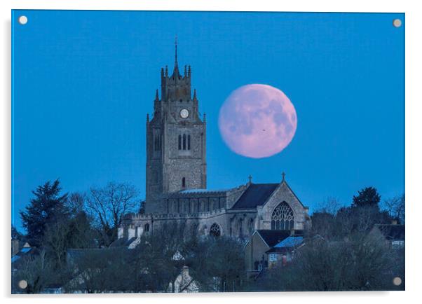Moonset behind St Andrew's Church, Sutton-in-the-Isle, Cambridge Acrylic by Andrew Sharpe