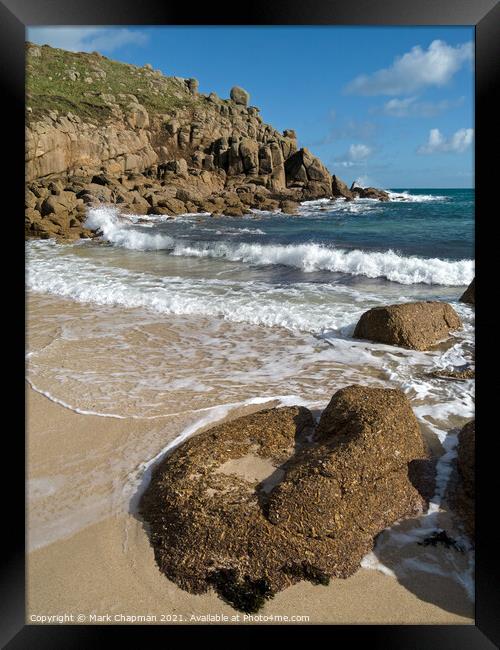 Sand, sea and surf, Porthgwarra Cove, Cornwall, England Framed Print by Photimageon UK
