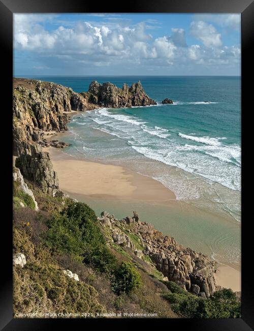 Pedn vounder beach and Logan Rocks, Cornwall, England. Framed Print by Photimageon UK