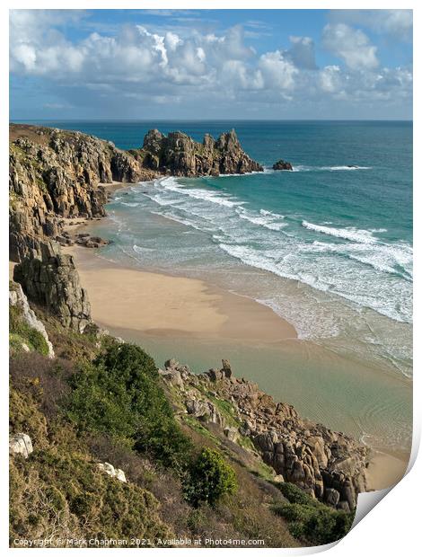 Pedn vounder beach and Logan Rocks, Cornwall, England. Print by Photimageon UK