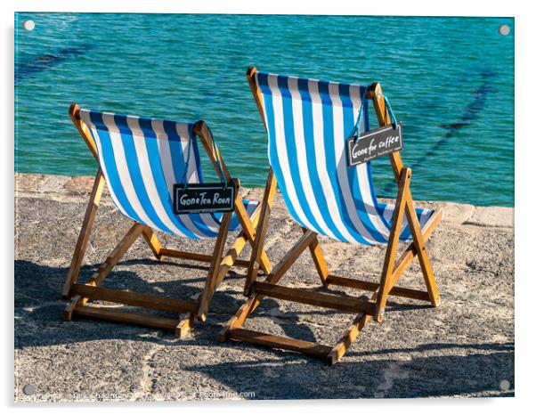 A pair of blue striped deckchairs with reserved signs, St. Ives harbour, Cornwall Acrylic by Photimageon UK