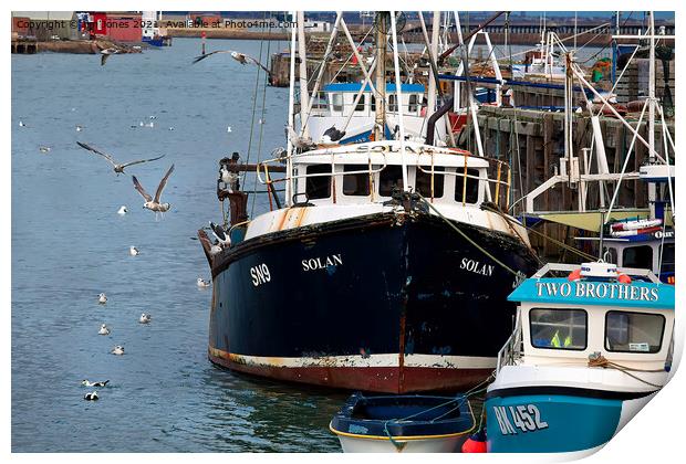  Fishing boats and seagulls Print by Jim Jones