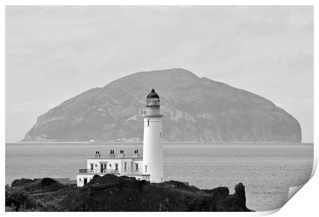 Turnberry lighthouse and Ailsa Craig mono Print by Allan Durward Photography