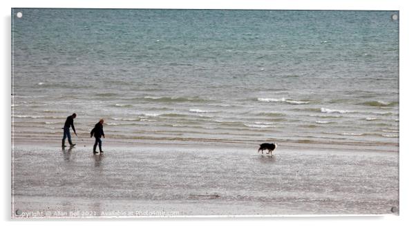 Couple and Dog Bognor Beach Acrylic by Allan Bell