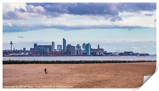 New Brighton Beach with Liverpool Cityscape and River Mersey Print by Phil Longfoot