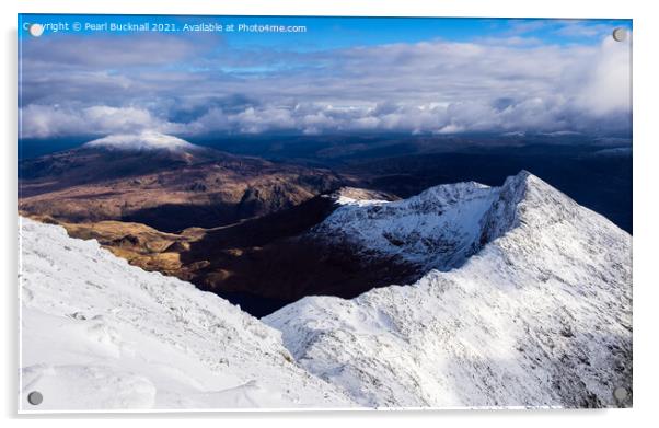 Winter Snow on Y Lliwedd Mountain in Snowdonia Acrylic by Pearl Bucknall