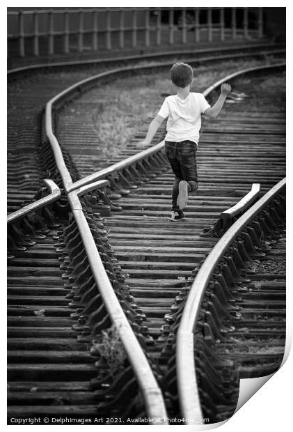 Boy running on old railway tracks in Bristol Print by Delphimages Art