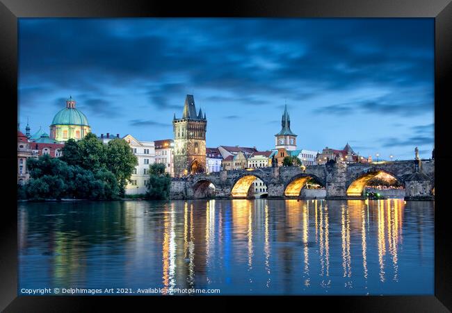 Prague. Charles bridge at night, Czech republic Framed Print by Delphimages Art