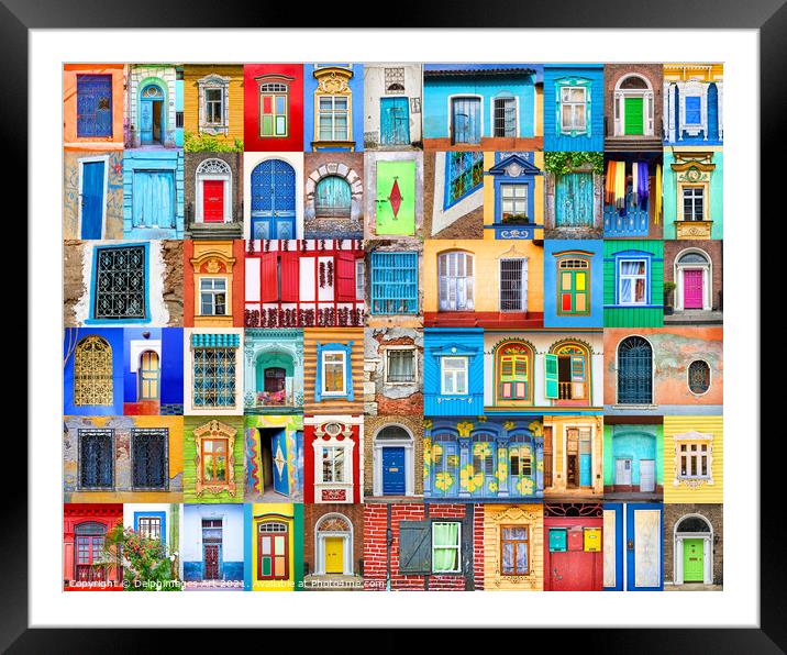 Doors and windows of the world, travel collage Framed Mounted Print by Delphimages Art