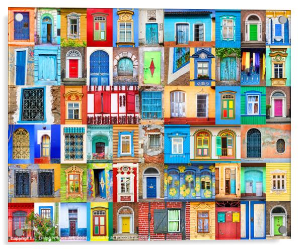 Doors and windows of the world, travel collage Acrylic by Delphimages Art