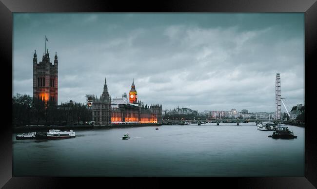 House of Parliament, London Eye at Twilight Framed Print by Mark Jones