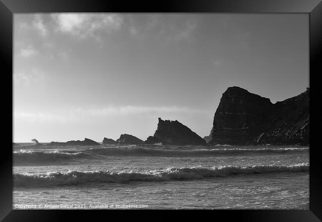 Amalia Beach Rocky Cliffs in Monochrome Framed Print by Angelo DeVal