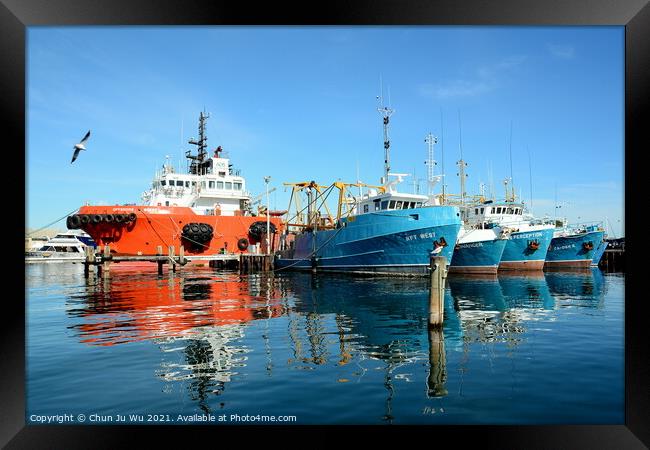Fishing boats at harbour with the reflection on water in Fremantle, WA, Australia Framed Print by Chun Ju Wu