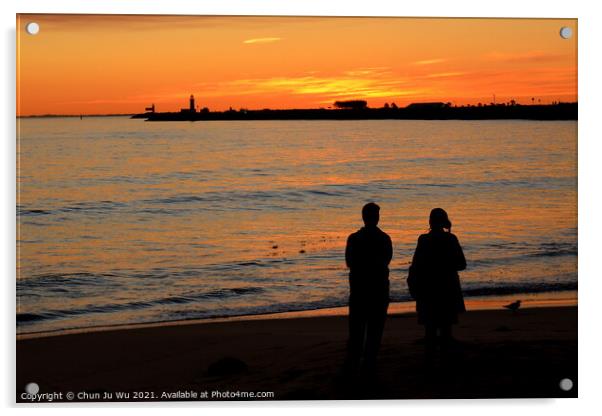 Silhouette of a couple watching sunset on beach in Fremantle, WA, Australia Acrylic by Chun Ju Wu