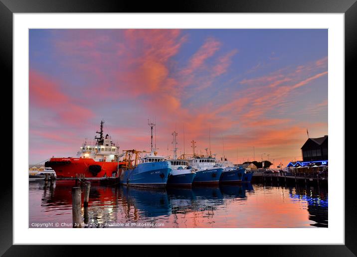 Sunset view of Fremantle with boats and reflection on water, WA, Australia Framed Mounted Print by Chun Ju Wu