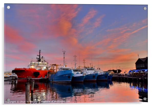 Sunset view of Fremantle with boats and reflection on water, WA, Australia Acrylic by Chun Ju Wu