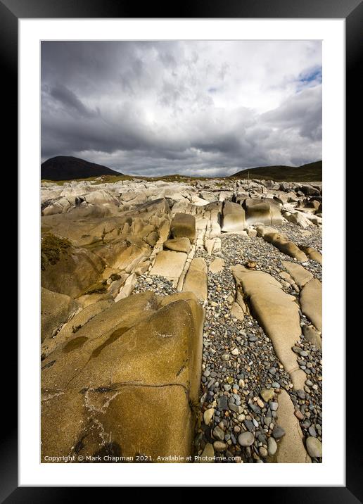 Dramatic cloudy sky above white marble rocks on Camas Malag beach, near Torrin, Isle of Skye, Scotland Framed Mounted Print by Photimageon UK
