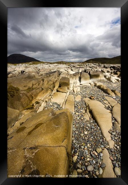 Dramatic cloudy sky above white marble rocks on Camas Malag beach, near Torrin, Isle of Skye, Scotland Framed Print by Photimageon UK