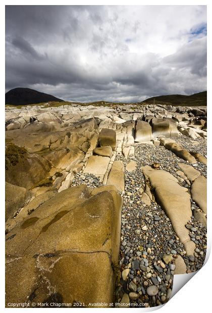 Dramatic cloudy sky above white marble rocks on Camas Malag beach, near Torrin, Isle of Skye, Scotland Print by Photimageon UK