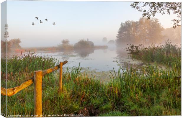 Misty Morning, Cossington Lakes Canvas Print by Jim Monk