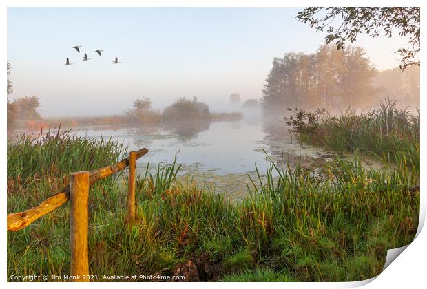 Misty Morning, Cossington Lakes Print by Jim Monk