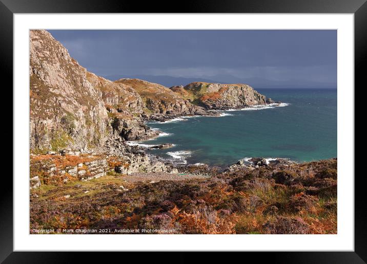 Sunlit heather and dark skies over Camas Daraich bay and headland, Isle of Skye, Scotland, UK Framed Mounted Print by Photimageon UK