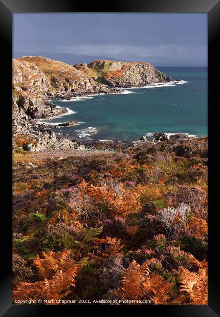 Sunlit heather and dark skies over Camas Daraich bay and headland, Isle of Skye, Scotland, UK Framed Print by Photimageon UK
