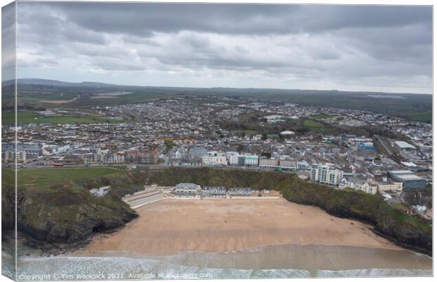 Aerial photograph of Newquay beach with a moody sky Canvas Print by Tim Woolcock