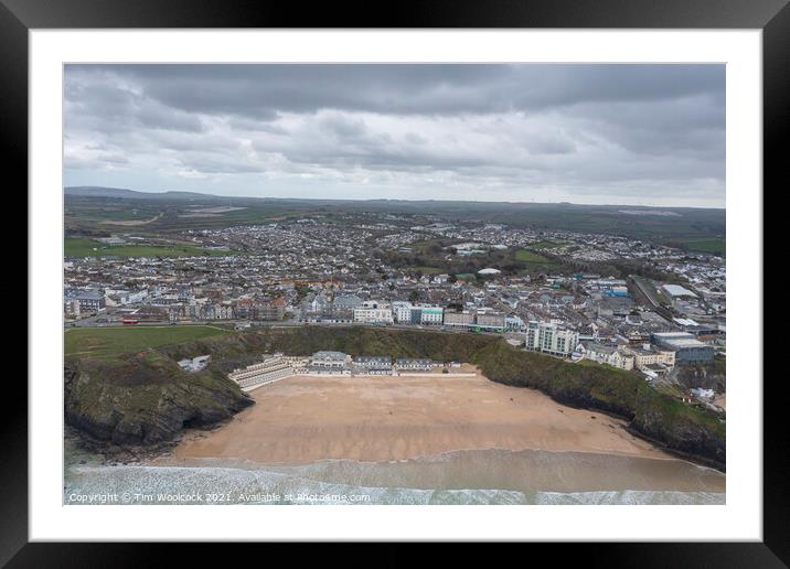 Aerial photograph of Newquay beach with a moody sky Framed Mounted Print by Tim Woolcock