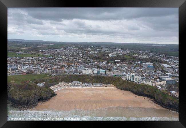 Aerial photograph of Newquay beach with a moody sky Framed Print by Tim Woolcock