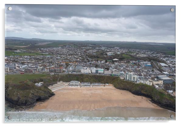 Aerial photograph of Newquay beach with a moody sky Acrylic by Tim Woolcock