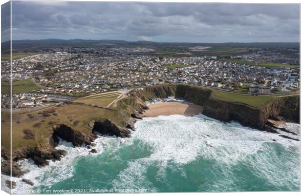 Aerial photograph of Lusty Glaze Beach, Newquay, Cornwall Canvas Print by Tim Woolcock