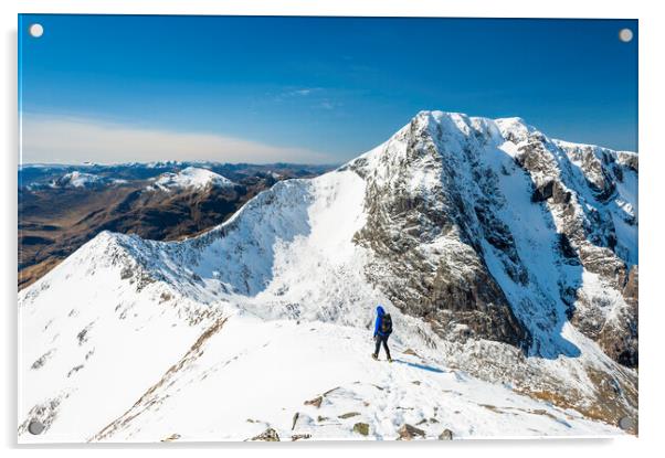 Mountaineer on the Carn Mor Dearg arete, Ben Nevis Acrylic by Justin Foulkes