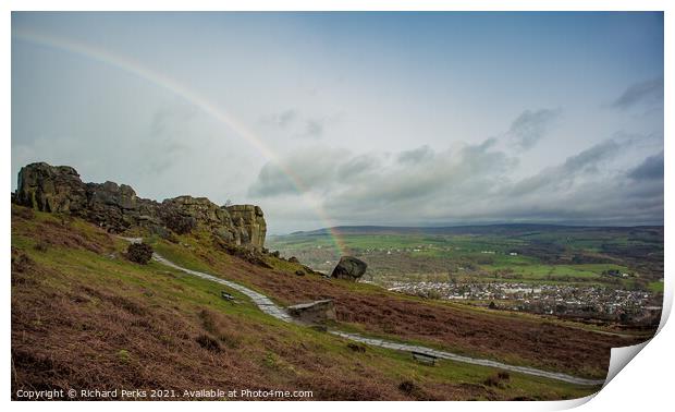 Rainbow over the Cow and Calf, Ilkley Moor Print by Richard Perks