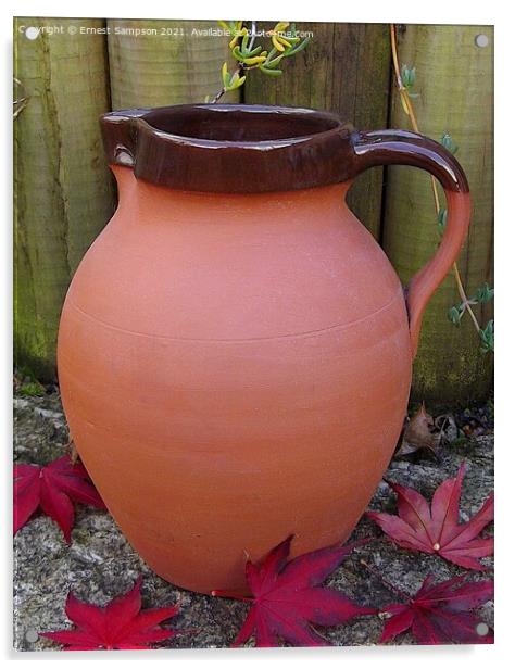 Large Studio Pottery Jug Surrounded By Acer leaves Acrylic by Ernest Sampson