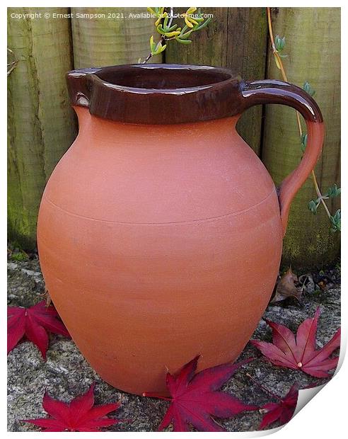 Large Studio Pottery Jug Surrounded By Acer leaves Print by Ernest Sampson