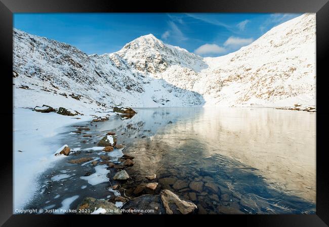 Snowdon, in winter, from Glaslyn, Snowdonia, North Framed Print by Justin Foulkes