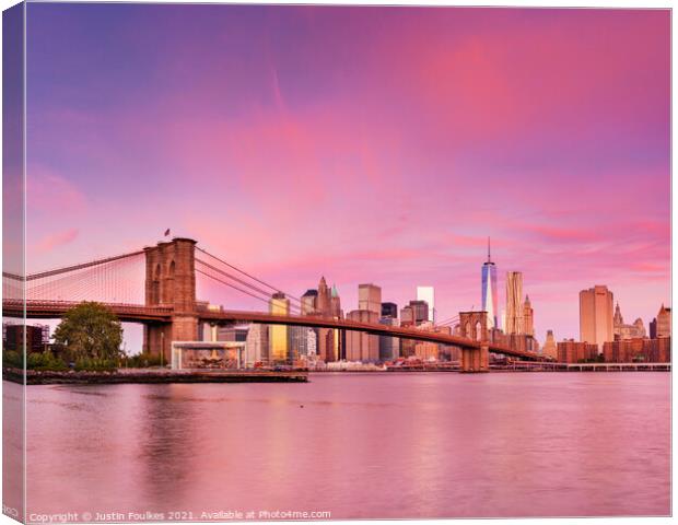 The Lower Manhattan Skyline and Brooklyn Bridge Canvas Print by Justin Foulkes