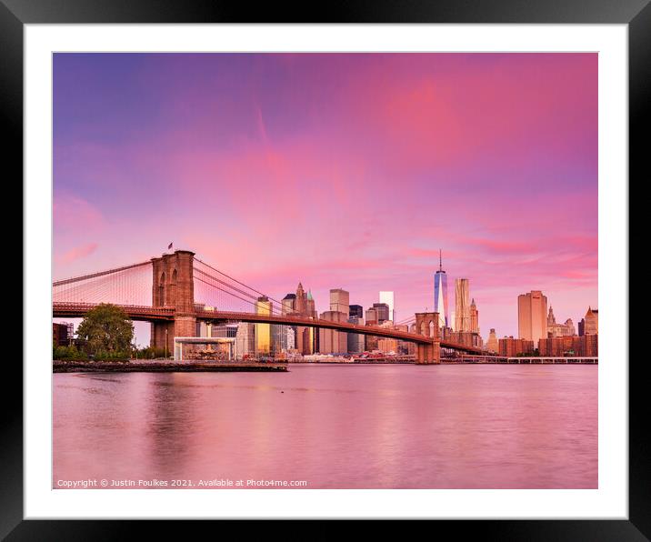 The Lower Manhattan Skyline and Brooklyn Bridge Framed Mounted Print by Justin Foulkes