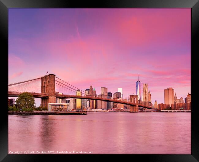The Lower Manhattan Skyline and Brooklyn Bridge Framed Print by Justin Foulkes