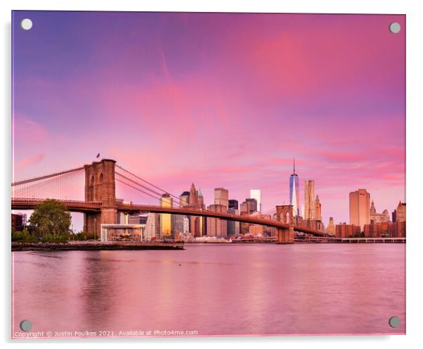The Lower Manhattan Skyline and Brooklyn Bridge Acrylic by Justin Foulkes