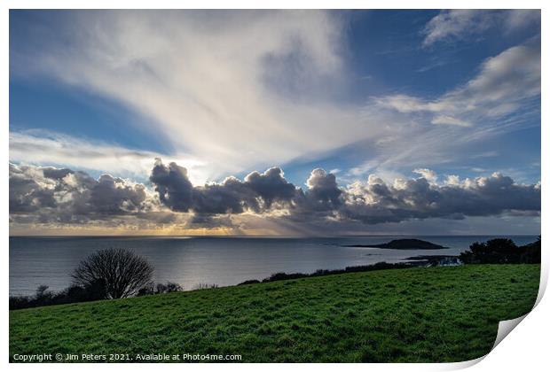 Spectacular light show in Looe Bay over Looe Island Cornwall Print by Jim Peters