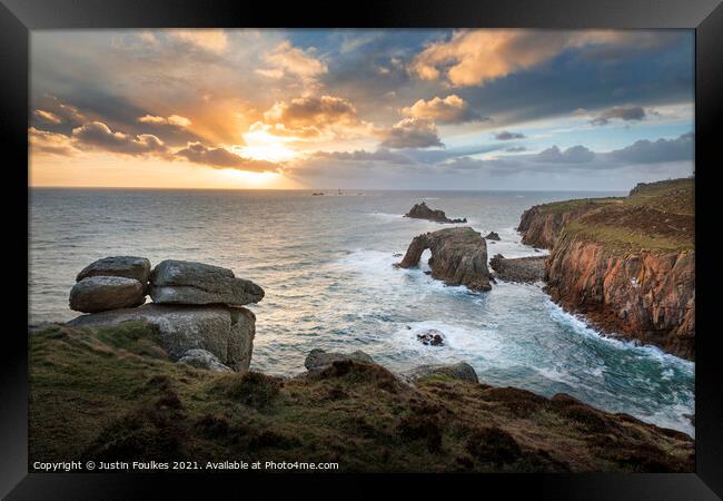 Sunset over Land's End, Cornwall Framed Print by Justin Foulkes