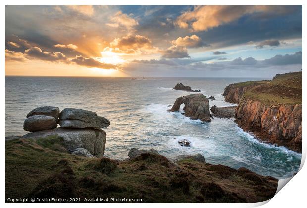 Sunset over Land's End, Cornwall Print by Justin Foulkes