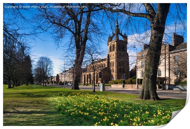 The South Inch, and the St Leonard’s in the Fields Church, Perth, Scotland seen with spring flowers Print by Navin Mistry
