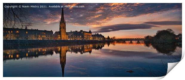 Panoramic image of Perth Scotland and the River Tay seen at dusk  Print by Navin Mistry