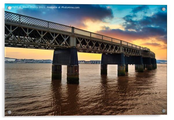 The Tay Bridge or Tay Rail Bridge, Dundee, Scotland  seen at dusk Acrylic by Navin Mistry