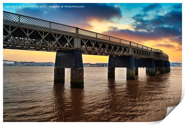 The Tay Bridge or Tay Rail Bridge, Dundee, Scotland  seen at dusk Print by Navin Mistry